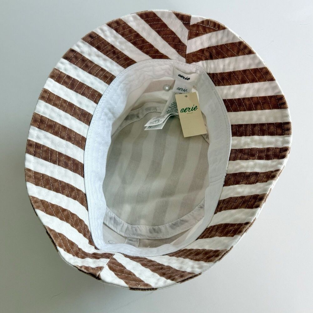 AERIE Bucket Hat Women's Sz O/S Brown & White Striped Cotton NWT Summer Beach - Picture 5 of 10